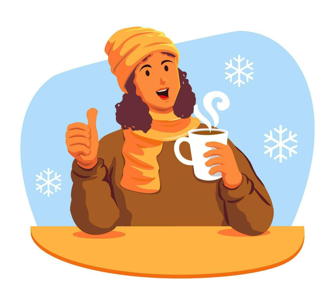 content femme avec une tasse de chaud boisson dans le hiver vecteur