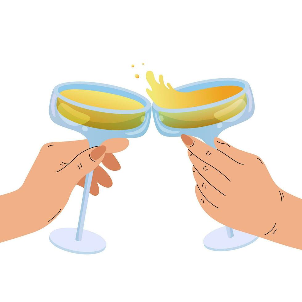 deux mains tintement des lunettes avec une Champagne. de fête illustration pour Noël. Nouveau ans salutation carte. dessin de Champagne verre. vecteur plat illustration. isolé vecteur illustration plat conception