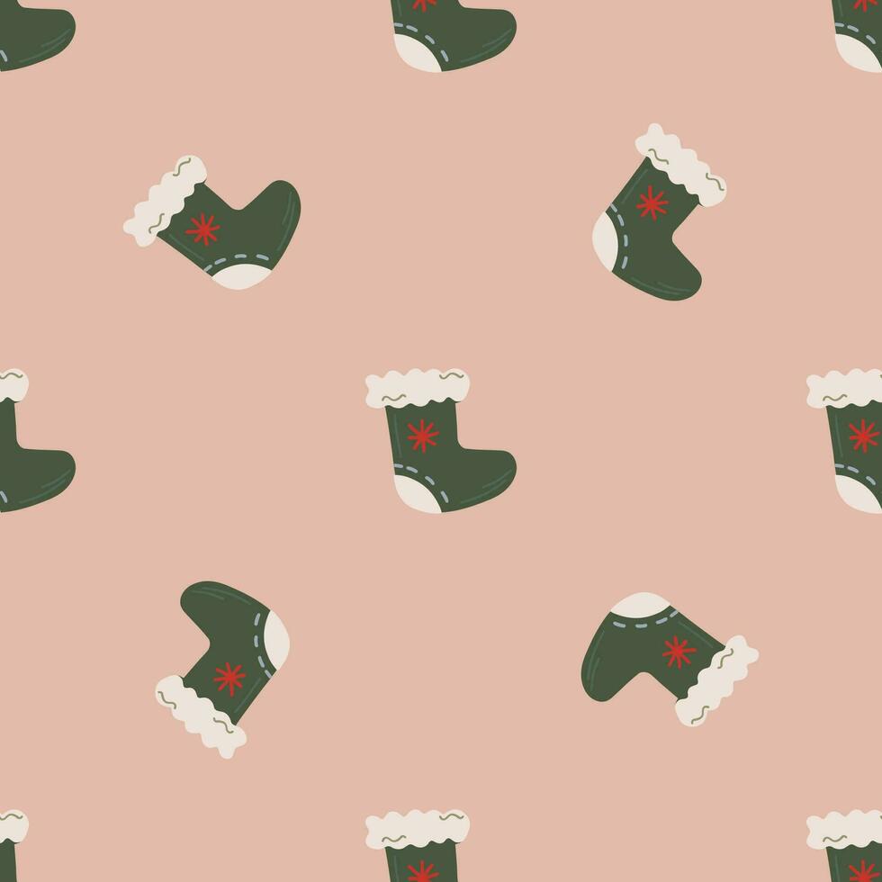 Facile Noël vert chaussette sans couture modèle. Noël et Nouveau année concept. main tiré beige vecteur texture pour fond d'écran, impressions, emballage, textile