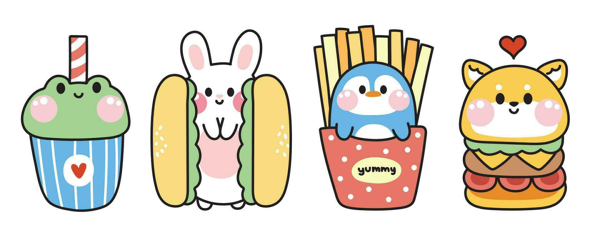 ensemble de mignonne animal dans vite nourriture concept.nourriture collection.cartoon personnage design.boisson, chaud Chien,hamburger,frais frit main dessiné.frog.rabbit.penguin.shiba inu chien.kawaii.vector.illustration. vecteur