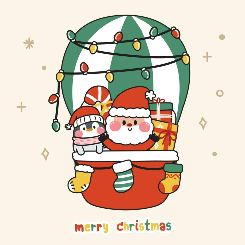 mignonne Père Noël claus avec manchot dans ballon.animal personnage dessin animé design.joyeux Noël texte.hiver saison.kawaii.vector.illustration. vecteur