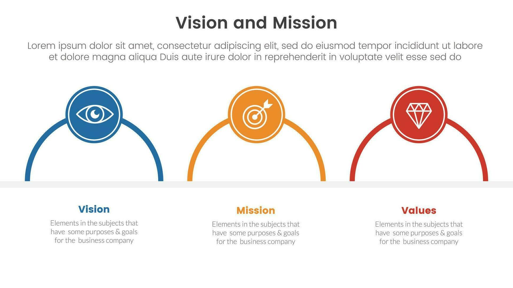 affaires vision mission et valeurs une analyse outil cadre infographie avec moitié cercle horizontal droite direction 3 point étapes concept pour faire glisser présentation vecteur