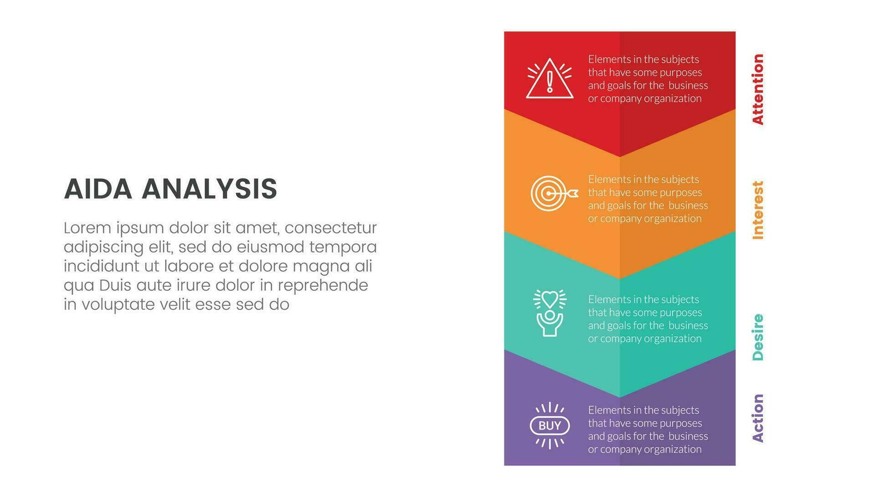 aida modèle pour attention l'intérêt le désir action infographie concept avec gros verticale La Flèche à bas direction 4 points pour faire glisser présentation style vecteur