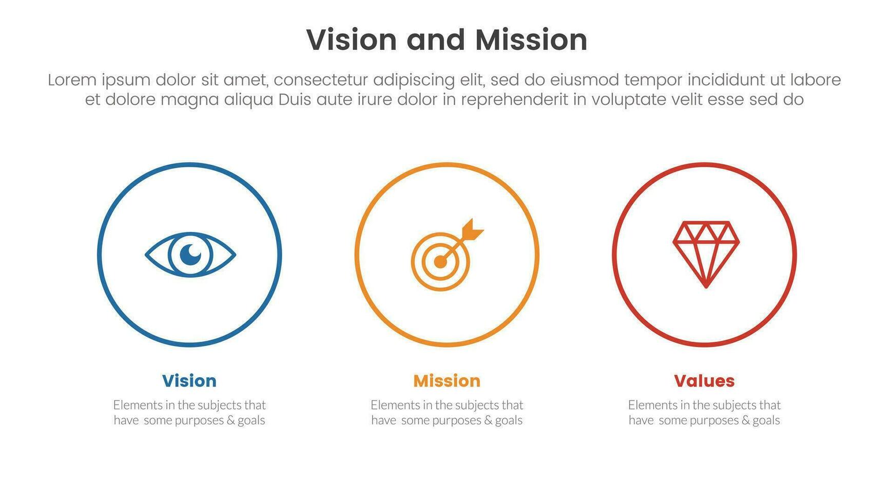 affaires vision mission et valeurs une analyse outil cadre infographie avec gros cercle contour horizontal 3 point étapes concept pour faire glisser présentation vecteur