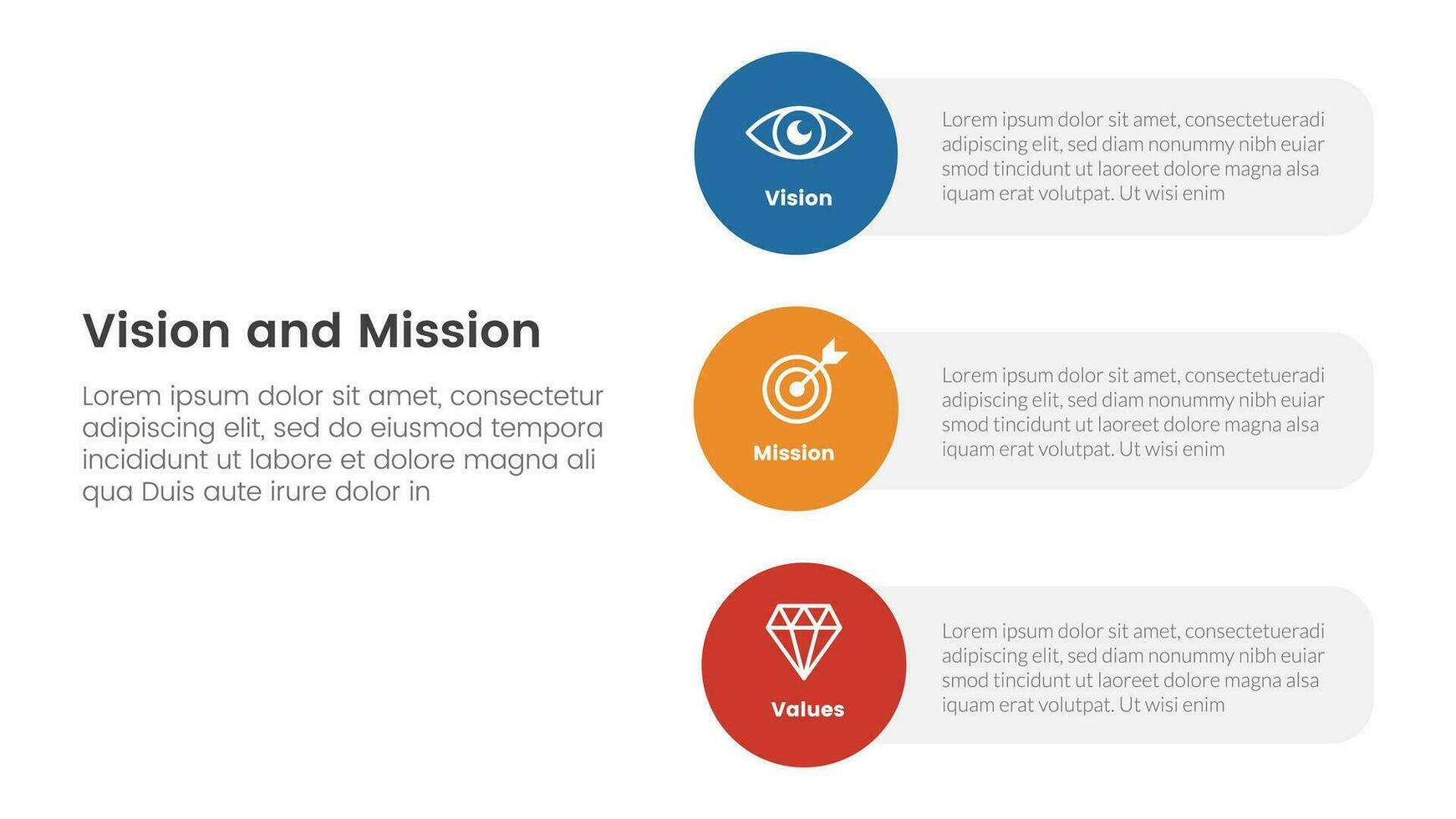 affaires vision mission et valeurs une analyse outil cadre infographie avec verticale cercle forme direction 3 point étapes concept pour faire glisser présentation vecteur