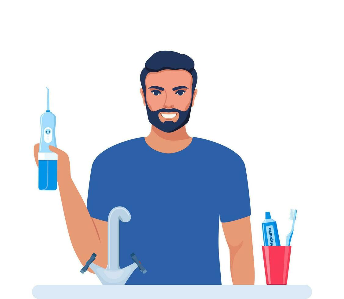 homme en utilisant dentaire irrigateur, oral hygiène outil. dentaire santé concept. nettoyage dents. vecteur illustration.