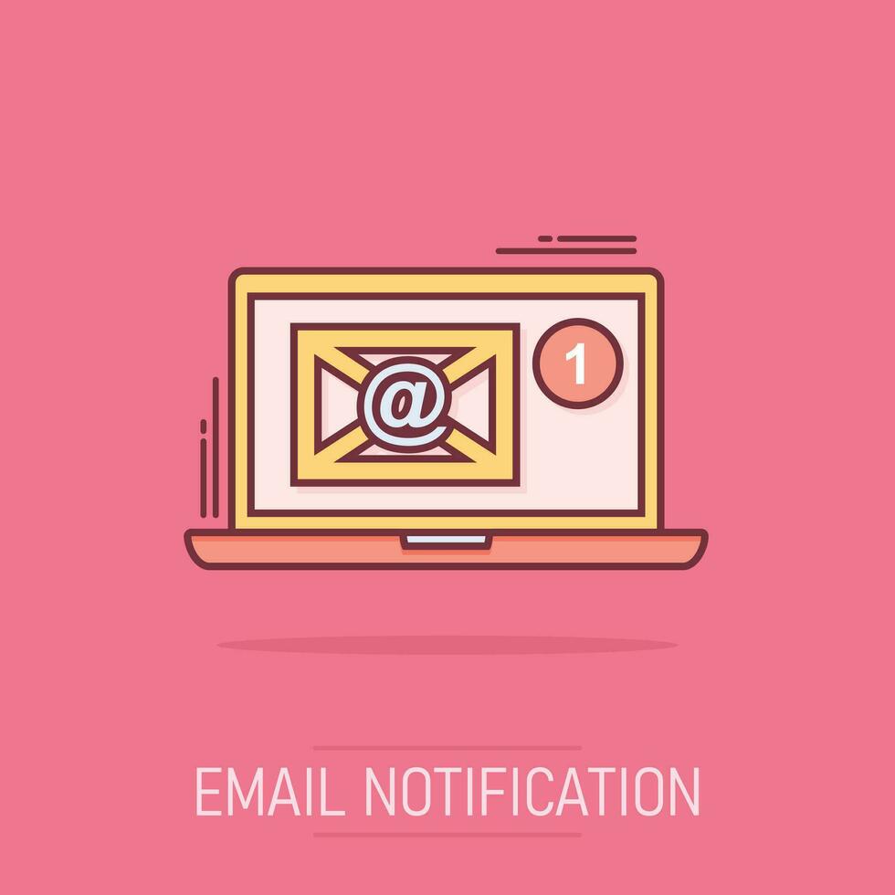 icône de message d'enveloppe de courrier électronique de dessin animé de vecteur dans le style comique. pictogramme d'illustration de signe de courrier. concept d'effet d'éclaboussure d'entreprise d'ordinateur portable.