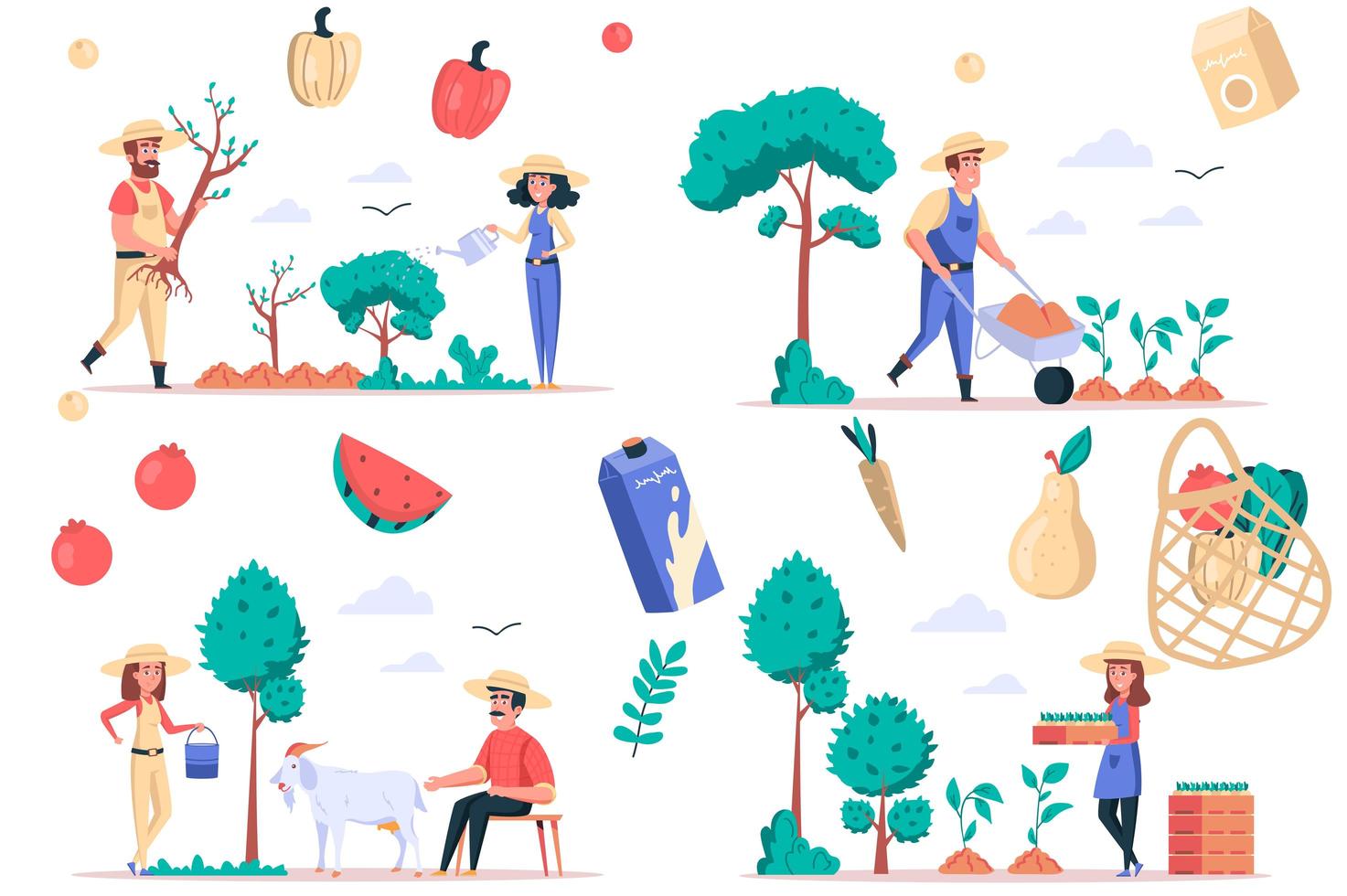 ensemble d'éléments isolés de l'agriculture et du jardinage. un groupe de personnes plante des arbres et des semis, prend soin des plantes et des chèvres, cultive des fruits et des légumes. kit créateur pour illustration vectorielle en dessin animé plat vecteur