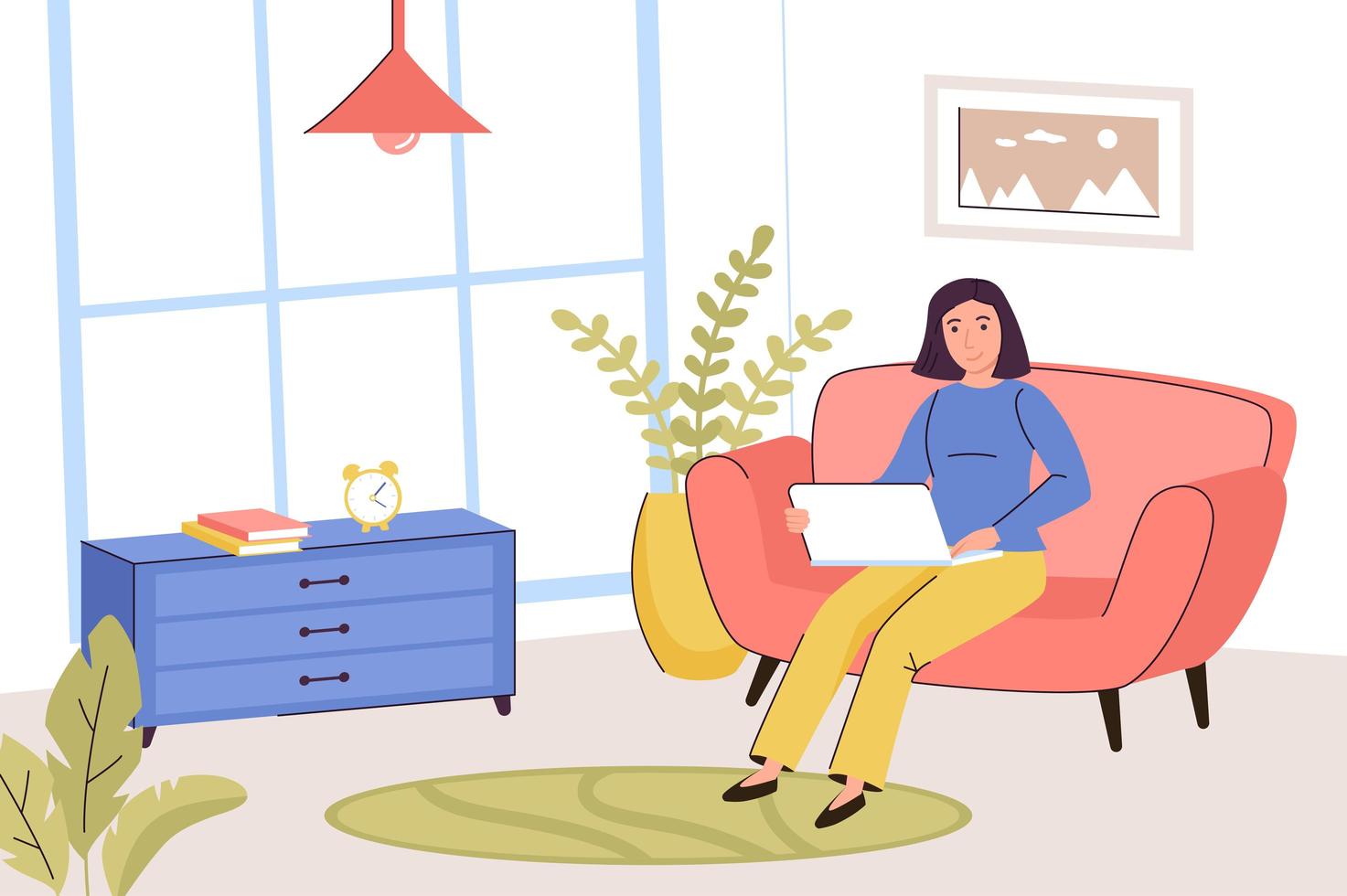 freelance travaillant au concept de bureau à domicile. femme travaille en ligne sur un ordinateur portable assis sur un fauteuil dans le salon. travail à distance sur projet dans un environnement confortable. illustration vectorielle dans un design plat tendance vecteur