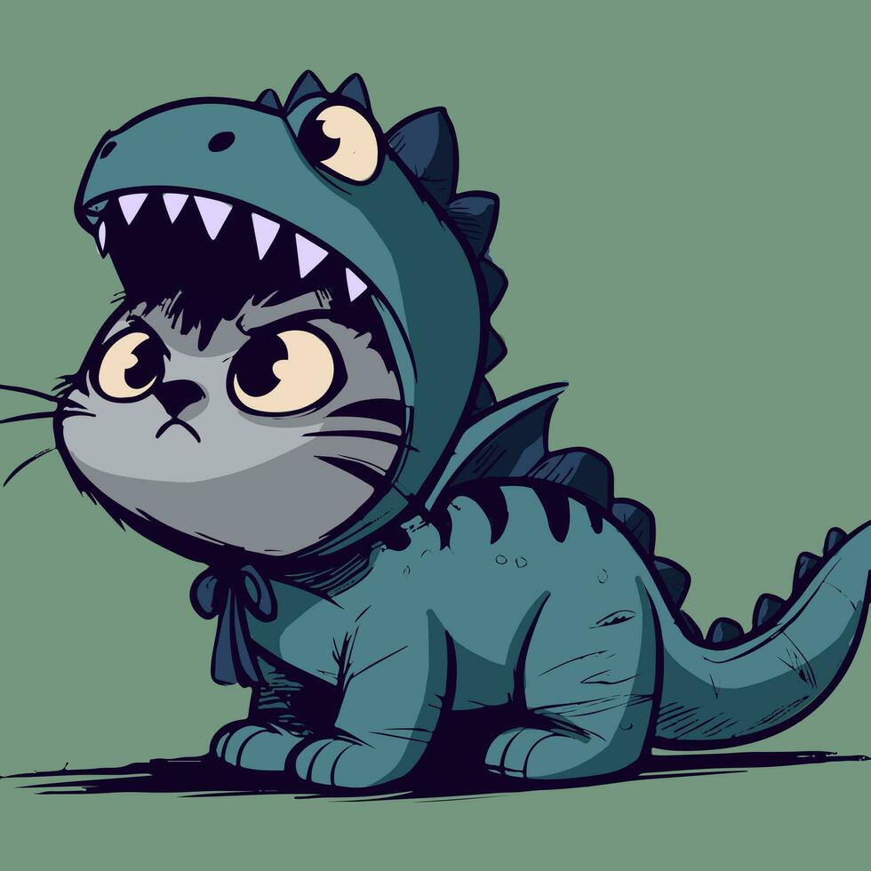 adorable illustration de une Halloween minou dans une dinosaure costume Aller tour ou traiter. chat avec gros yeux dans une dino t-rex costume et une courageux attitude vecteur