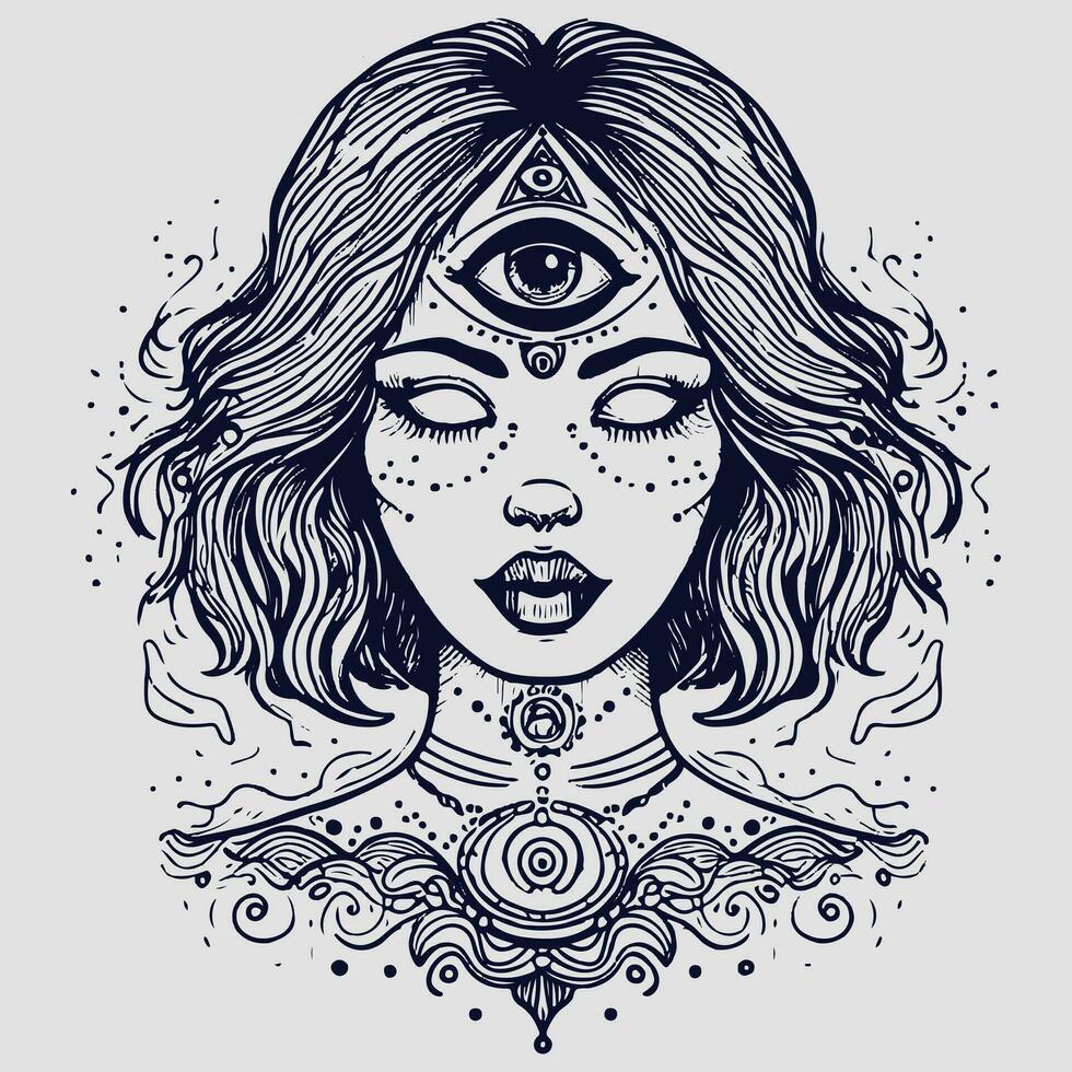 wiccan et occulte femme visage avec troisième œil, chakras et spiritualité concept art. tatouage vecteur de une psychédélique sorcier fortune caissier avec runes et sorts sur sa affronter.