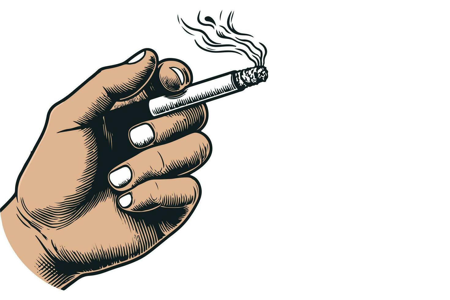esquisser main en portant cigarette avec noir ligne vecteur illustration sur isolé dans blanc Contexte