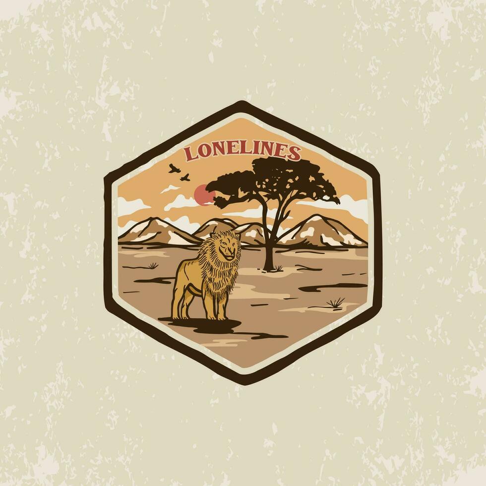 vecteur illustration de une Prairie avec une lion. Extérieur ancien conception T-shirt