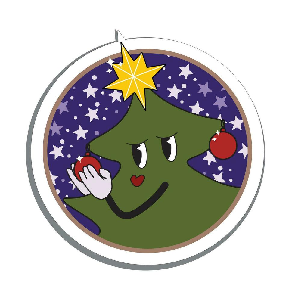isolé vecteur illustration. anthropomorphe Noël arbre dans rétro dessin animé style. autocollant, salutation carte, étiqueter, imprimer.