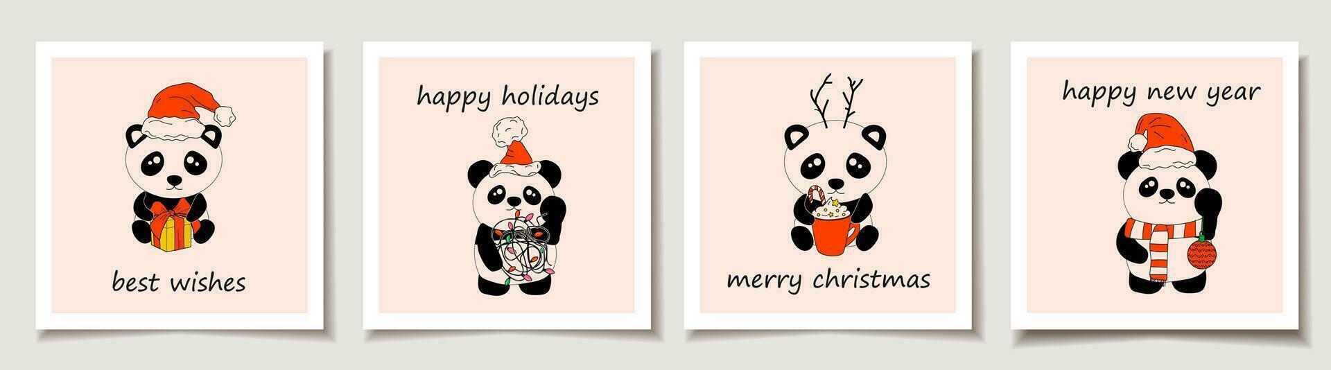 Noël vecteur cadeau carte ou étiquette ensemble Panda avec décoration Noël. joyeux Noël caractères, meilleur vœux