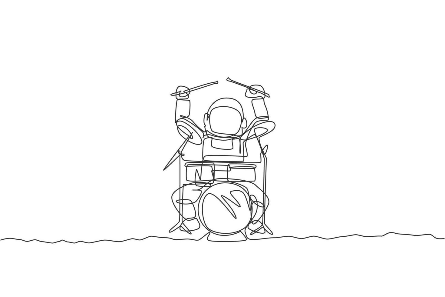 un dessin au trait continu d'un batteur astronaute avec une combinaison spatiale jouant du tambour sur la surface de la lune. concept de concert de musique de l'espace extra-atmosphérique. Graphique d'illustration vectorielle de conception de dessin à une seule ligne dynamique vecteur