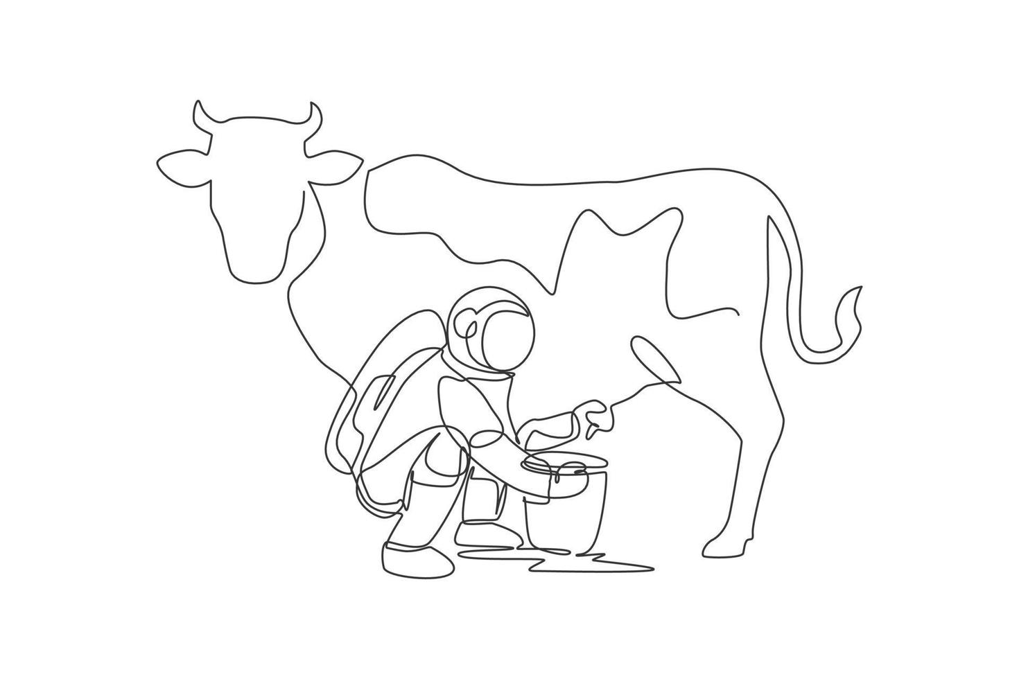 un dessin au trait continu d'un astronaute de l'espace s'accroupissant sur une vache à traire et mis dans un bidon de lait dans un seau à la surface de la lune. concept d'astronaute agricole dans l'espace lointain. illustration vectorielle de dessin à une seule ligne vecteur