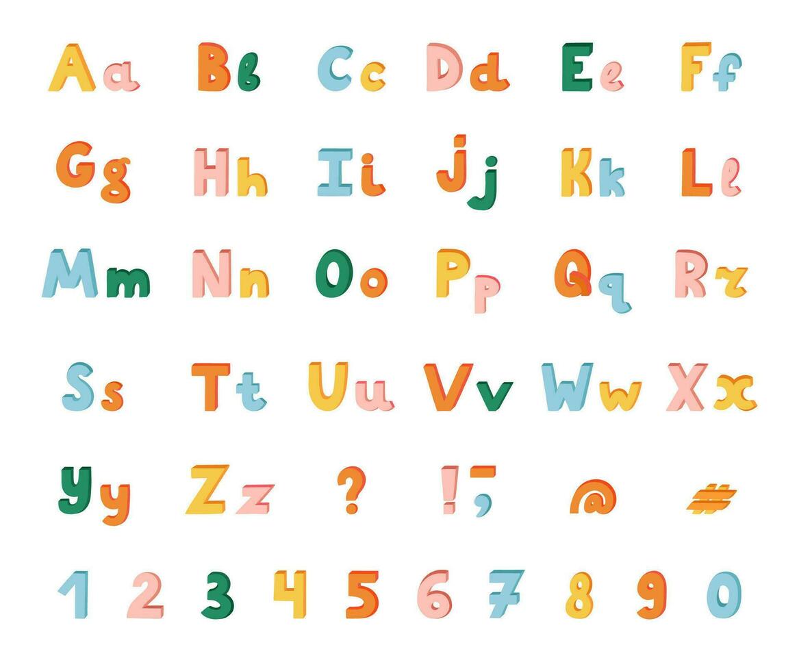 mignonne froussard 3d alphabet ensemble. audacieux Police de caractère avec ombre. marrant Latin abc avec majuscule, minuscule des lettres, ponctuation Des marques et Nombres pour affiche, logo, gros titre, livre couverture, imprimé citations vecteur