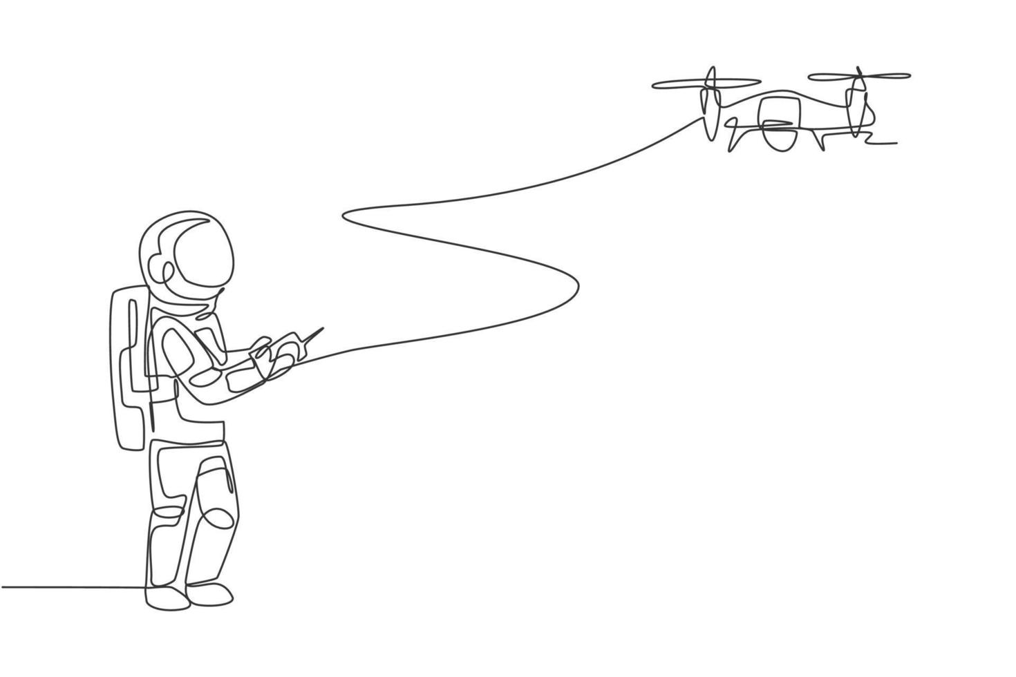 astronaute de dessin au trait continu unique jouant au contrôle radio d'un avion de drone à la surface de la lune. s'amuser pendant les loisirs sur le concept de l'espace extra-atmosphérique. Illustration vectorielle de conception graphique à une ligne à la mode vecteur