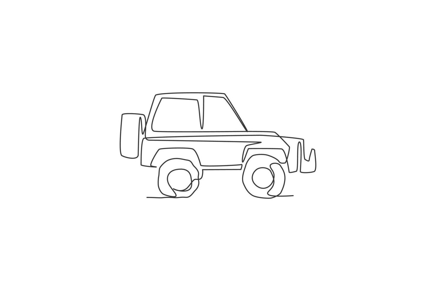 un dessin au trait continu de voiture suv pour piste tout-terrain. concept de véhicule de transport. illustration vectorielle de dessin graphique à une seule ligne dynamique vecteur