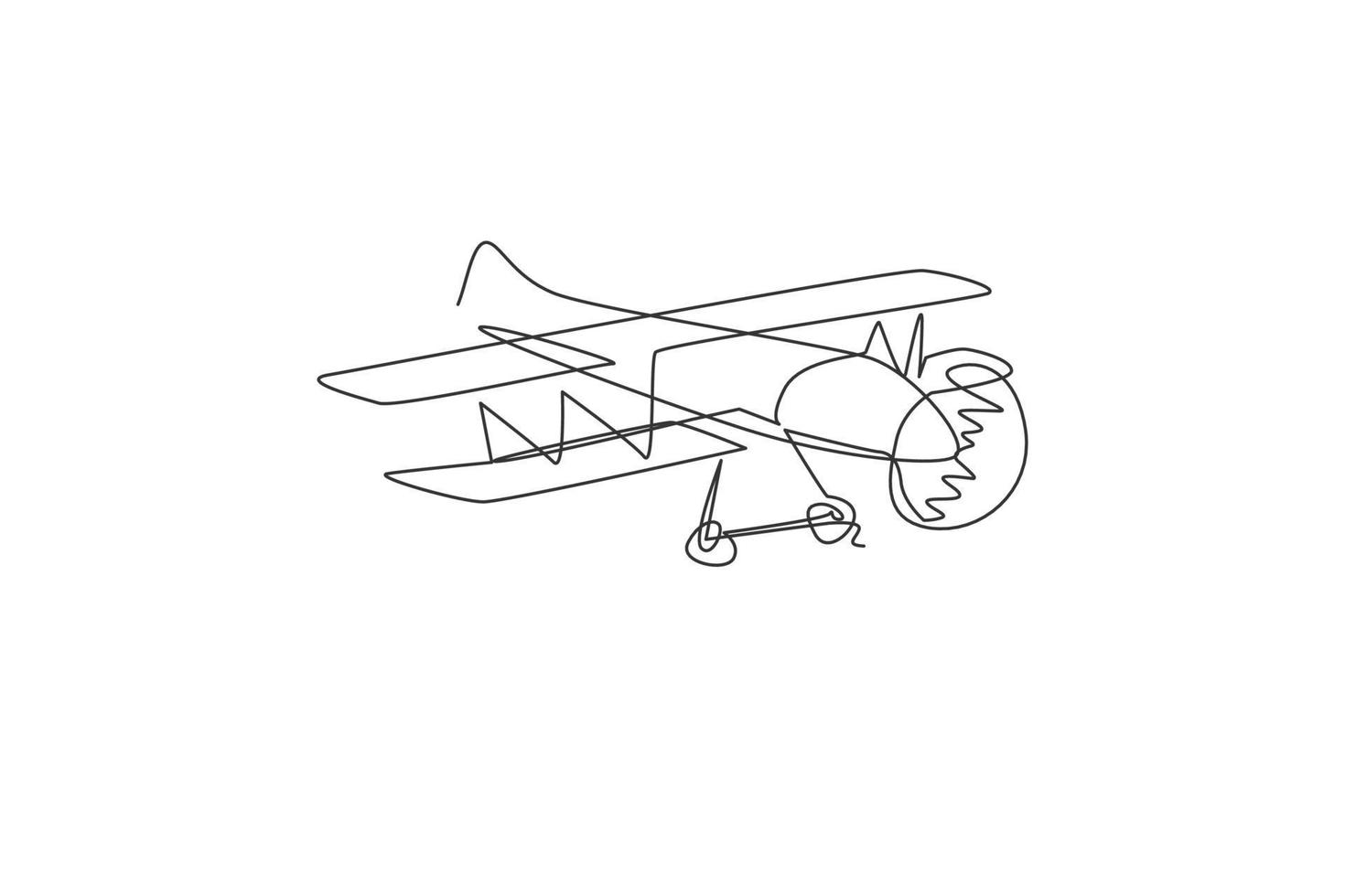 dessin au trait continu unique d'un biplan rétro volant dans le ciel. véhicule d'avion pour le concept de guerre. illustration graphique de vecteur de conception de dessin d'une ligne à la mode