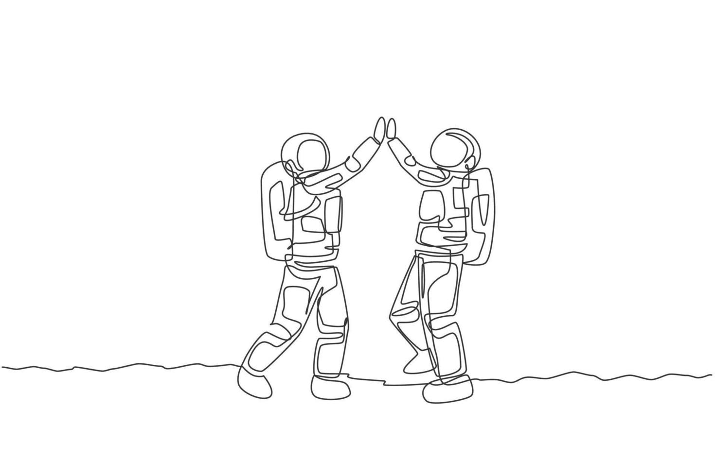 dessin au trait continu unique de deux jeunes astronautes faisant cinq gestes pour célébrer un succès à la surface de la lune. concept de galaxie cosmique homme de l'espace. illustration vectorielle de conception de dessin à la mode une ligne vecteur