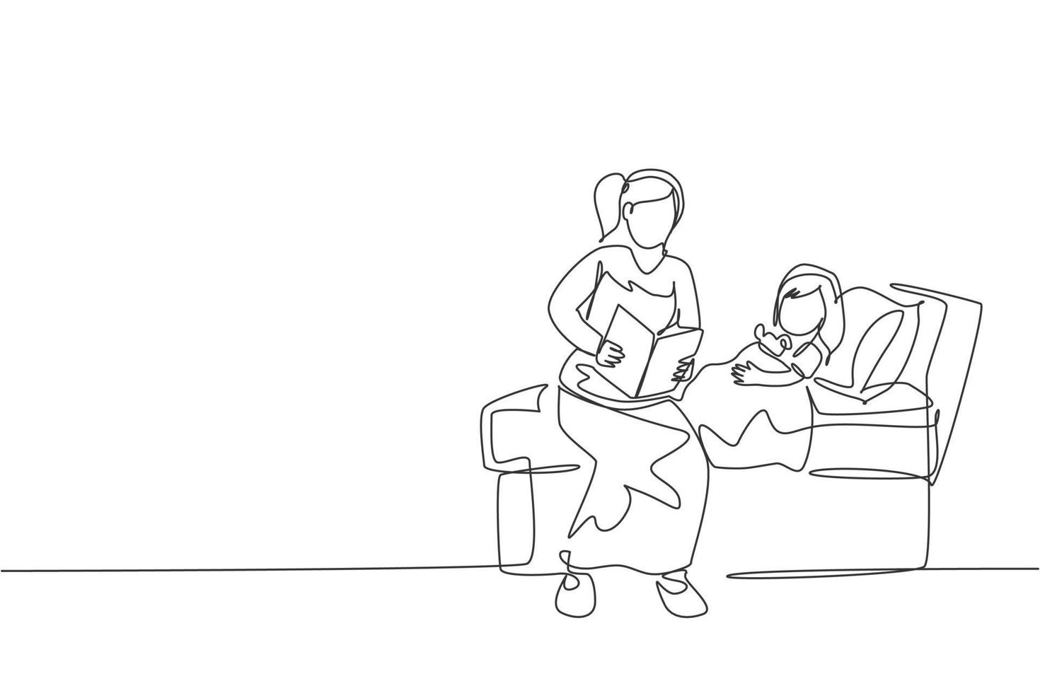 un dessin au trait continu d'une jeune maman assise dans une chambre et lisant un livre d'histoires à sa fille avant de dormir. concept de parentalité familiale heureuse. illustration vectorielle de dessin dynamique à une seule ligne vecteur