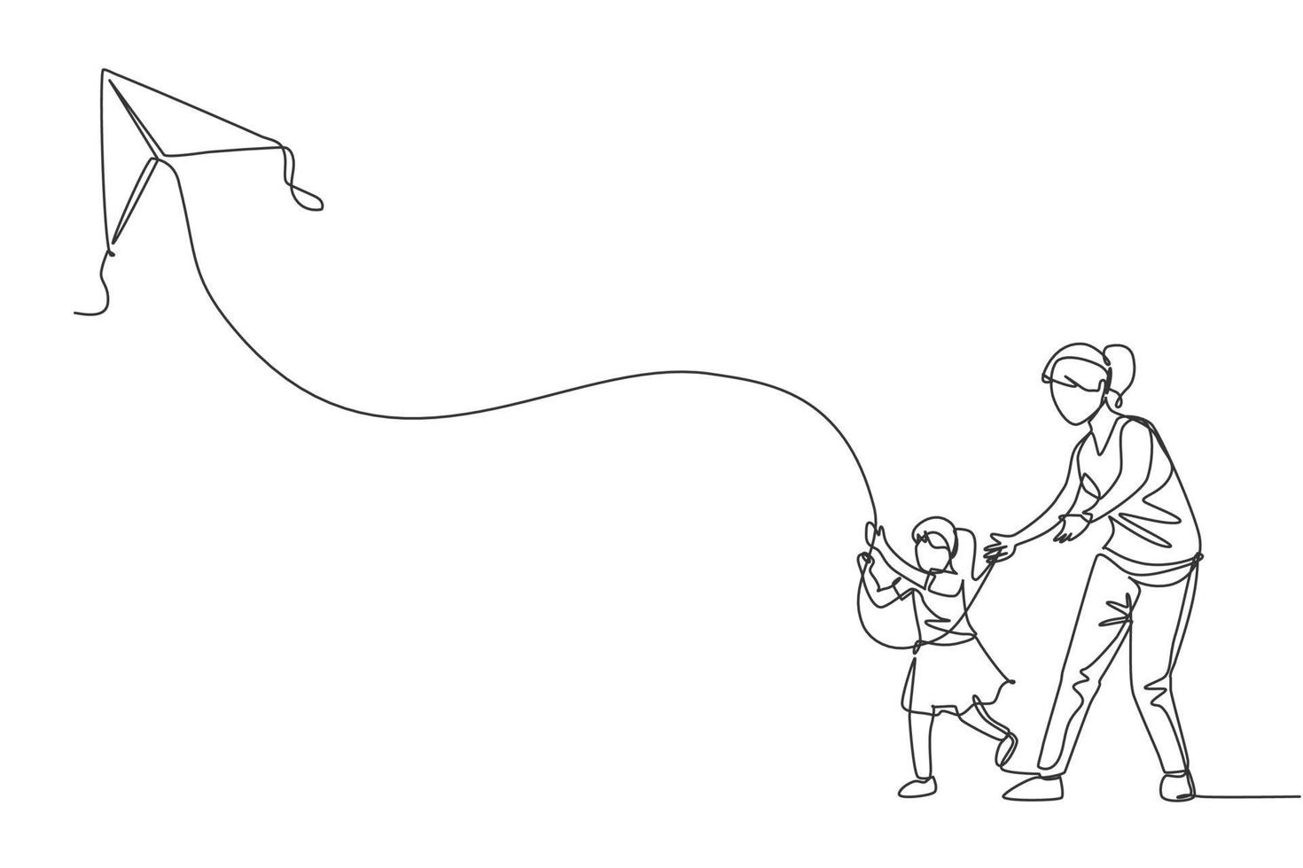 un dessin au trait continu de la jeune mère et de sa fille jouant à faire voler un cerf-volant dans le ciel sur un terrain extérieur. concept de parentalité familiale heureuse. illustration vectorielle de dessin dynamique à une seule ligne vecteur