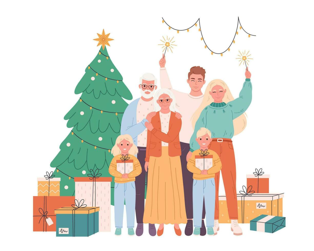 famille avec les enfants et grands-parents célébrer Noël ou Nouveau an. Noël arbre avec présente. vecteur