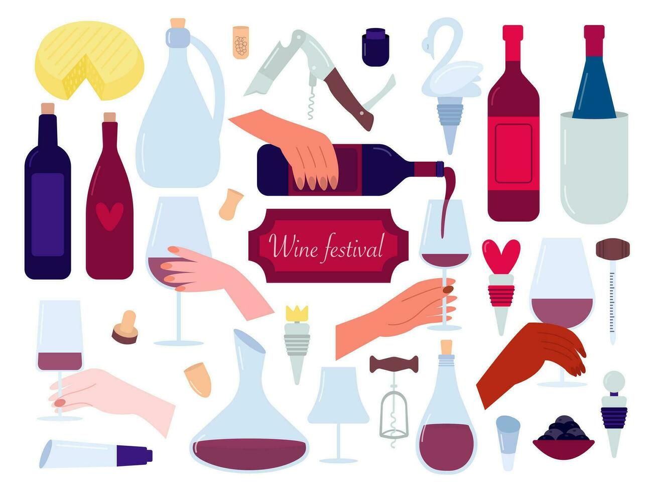 ensemble de du vin Festival autocollants. mains avec des lunettes de rouge vin, bouteilles, du vin dégustation, décanteur, un tire-bouchon, bouchons, verres à vin vecteur ensemble.