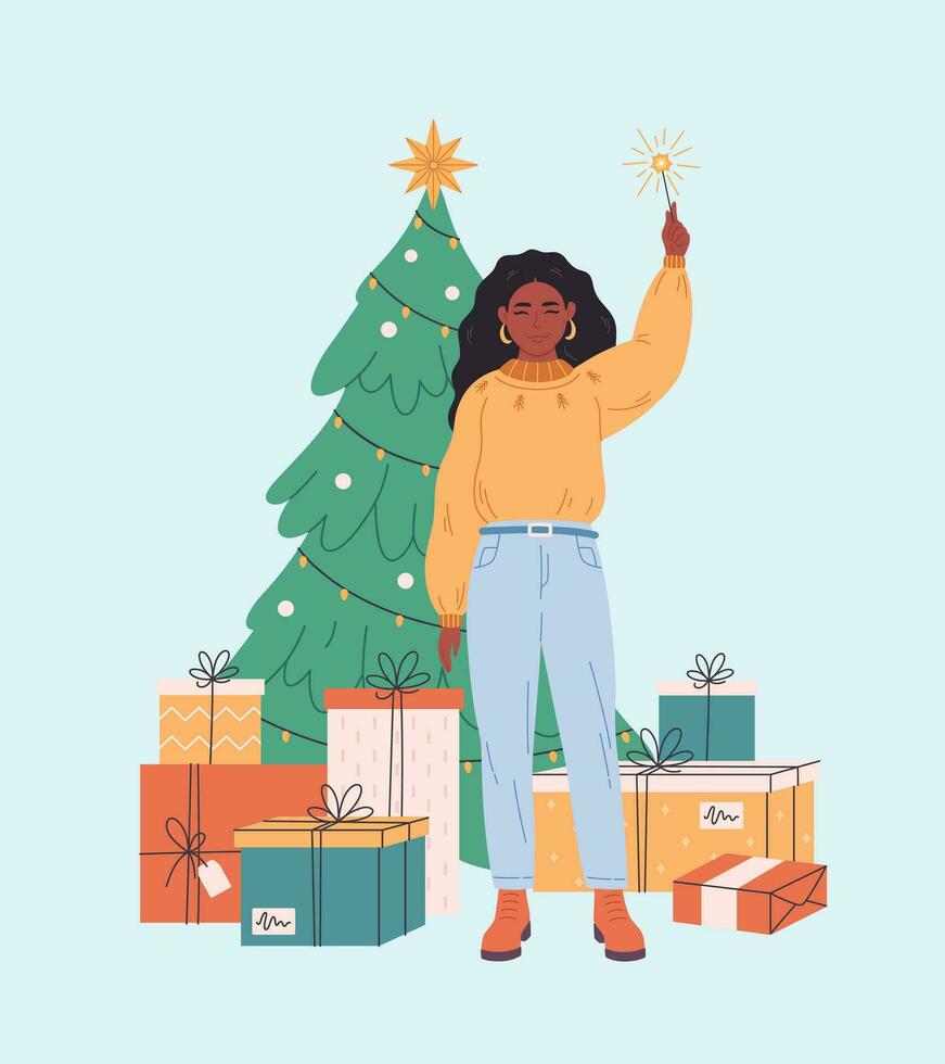 noir femme célébrer Noël ou Nouveau an. Noël arbre avec présente. vecteur