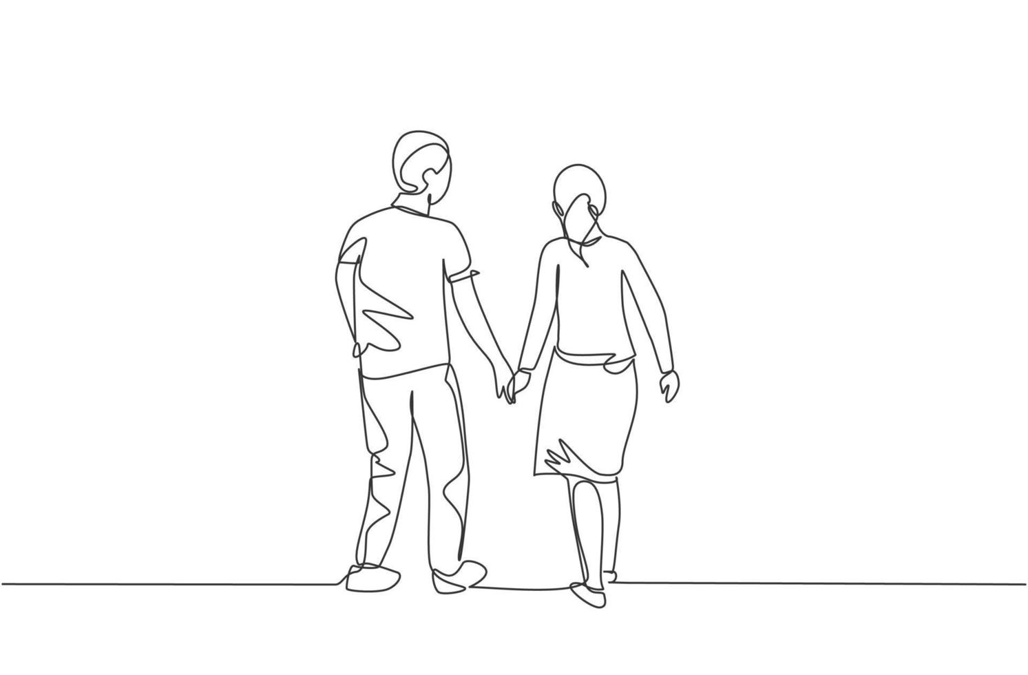 dessin au trait continu unique d'un jeune couple femme et mari marchant ensemble et tenant la main, vue arrière. concept de parentalité familiale heureuse. illustration vectorielle de conception de dessin à la mode une ligne vecteur