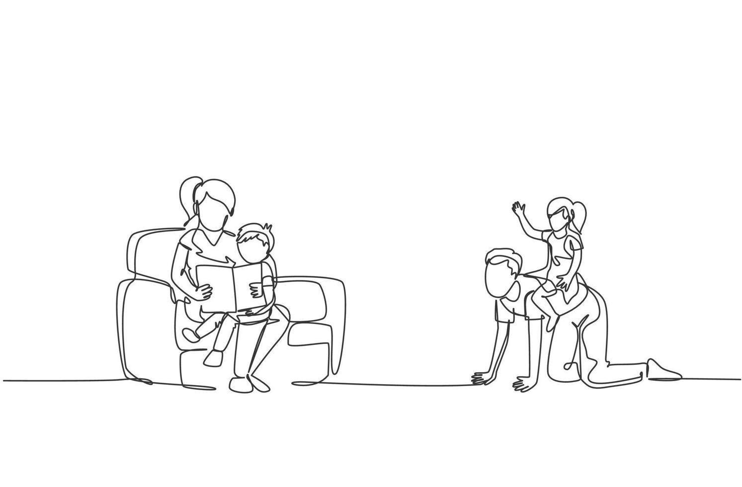 un dessin au trait continu d'un jeune jeu avec sa fille tandis que sa mère est assise sur un canapé et lit un livre à son fils. concept de parentalité familiale heureuse. illustration vectorielle de dessin dynamique à une seule ligne vecteur