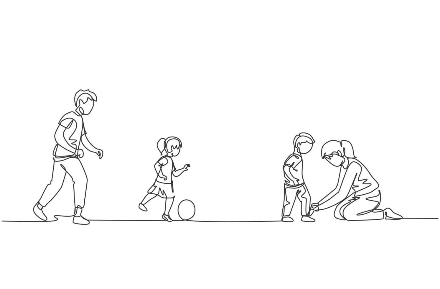 un seul dessin au trait d'un jeune père jouant au football avec sa fille sur le terrain pendant que maman attachant les lacets de son fils illustration vectorielle. concept de parentalité familiale heureuse. conception de dessin de ligne continue moderne vecteur