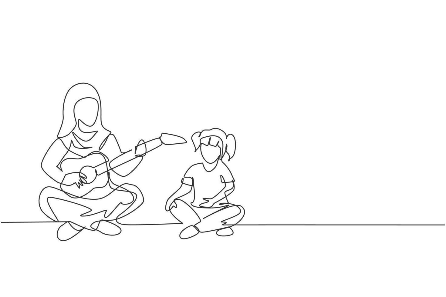 un dessin au trait continu d'une jeune maman arabe enseigne à sa fille à jouer de la guitare et à chanter à la maison. heureux concept de famille parentale musulmane islamique. illustration vectorielle de dessin dynamique à une seule ligne vecteur