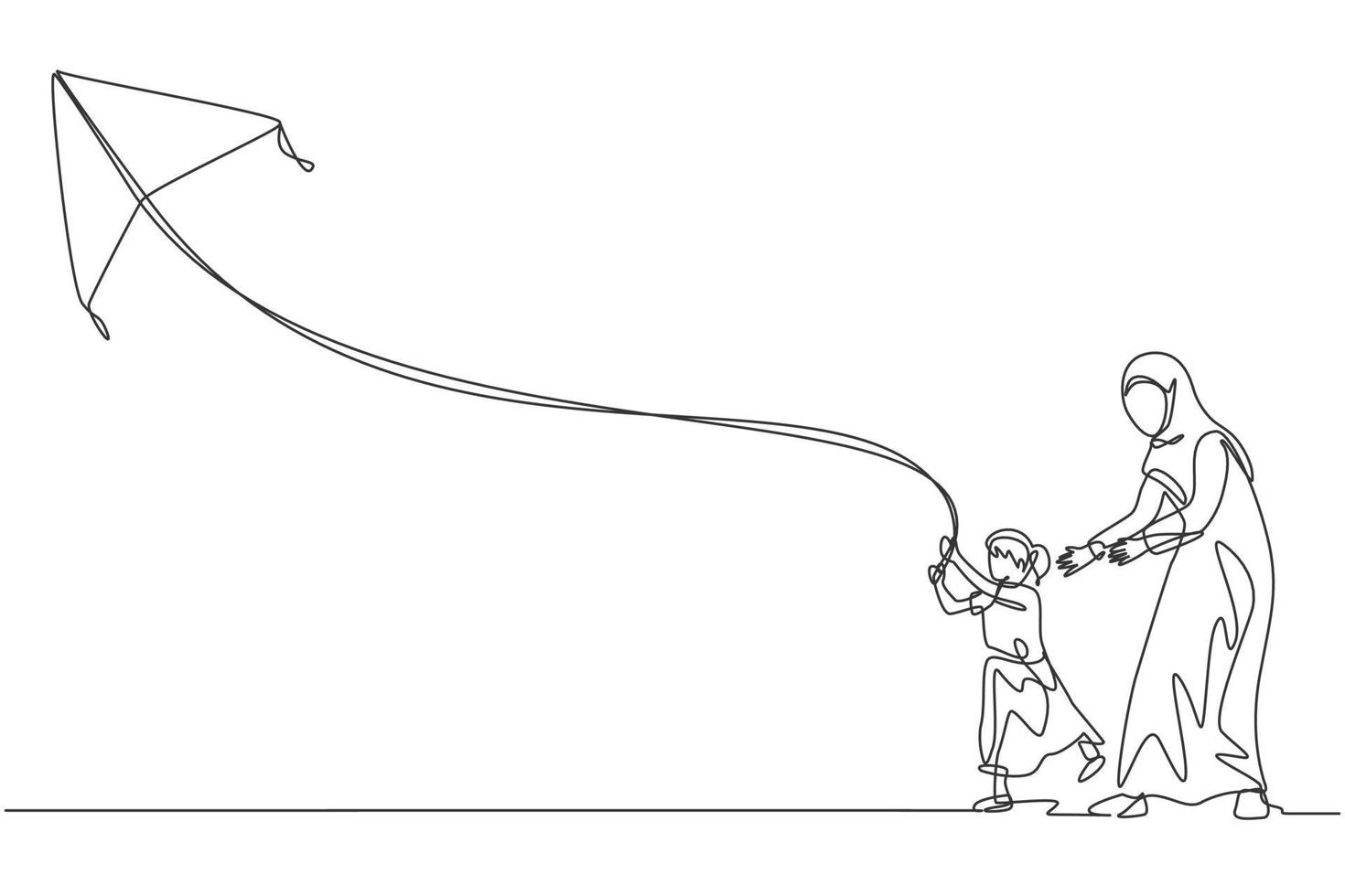 un seul dessin de jeune maman et fille arabe jouant et faisant voler un cerf-volant à l'illustration vectorielle du parc public. heureux concept parental de famille musulmane islamique. conception de dessin de ligne continue moderne vecteur