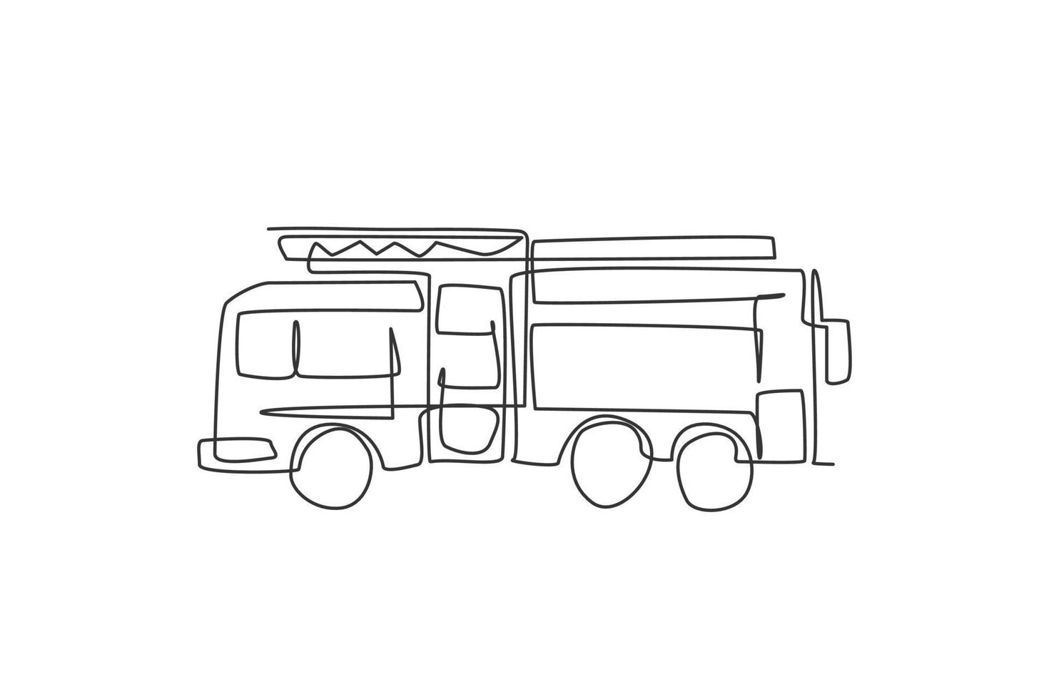 dessin d'une seule ligne de camion de pompier avec échelle de sauvetage et buse. pompier comme appareil de pompier isolé doodle concept minimal. illustration vectorielle graphique de conception de ligne continue à la mode vecteur