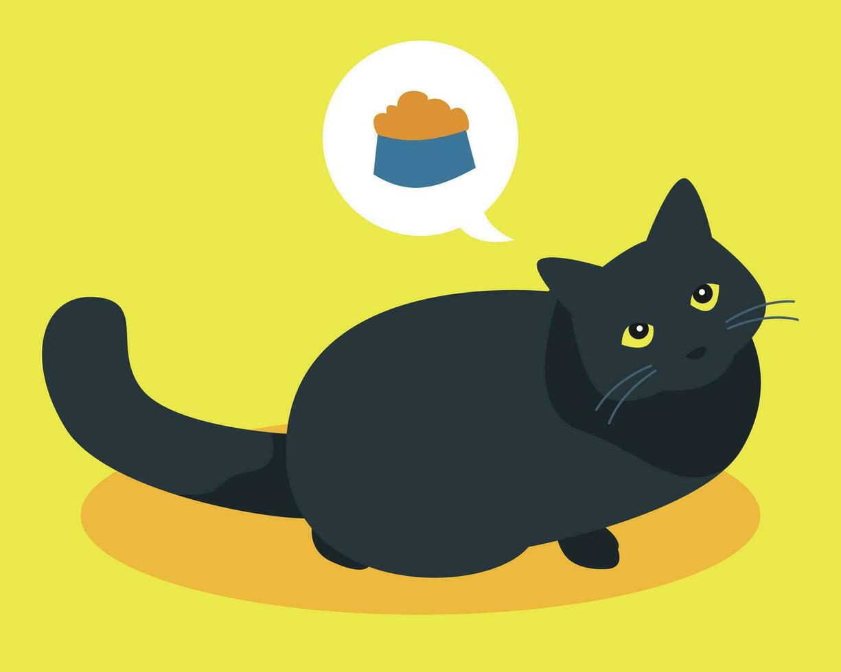 mignonne noir chat en pensant à propos aliments. isolé sur Jaune Contexte. plat vecteur illustration.