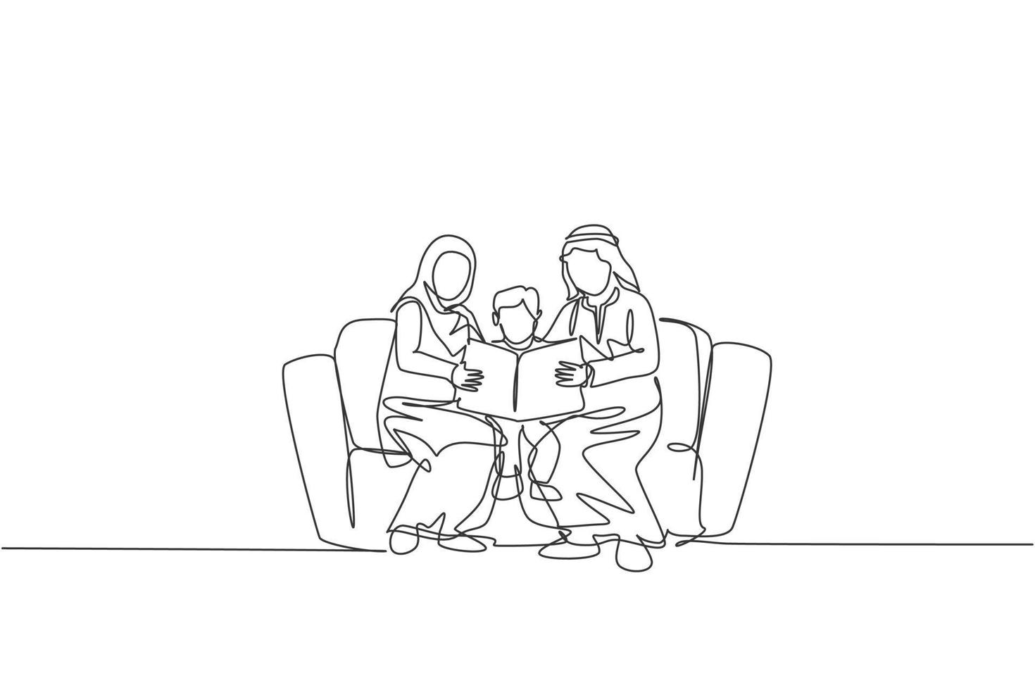 dessin continu d'une ligne d'un jeune parent arabe assis sur un canapé avec son garçon, lisant un livre. heureux concept de famille parentale musulmane islamique. illustration vectorielle de dessin graphique à une seule ligne vecteur