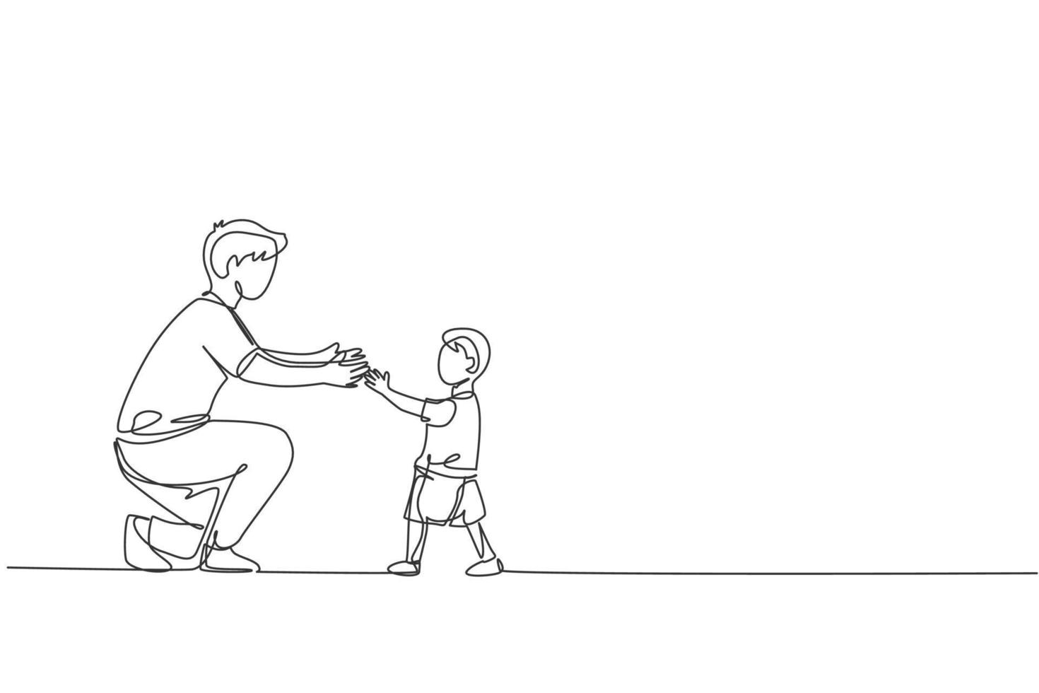 un dessin au trait continu d'un jeune père prêt à embrasser sa fille qui a appris à marcher vers lui à la maison. concept de parentalité familiale heureuse. illustration vectorielle graphique de conception de dessin à une seule ligne dynamique vecteur