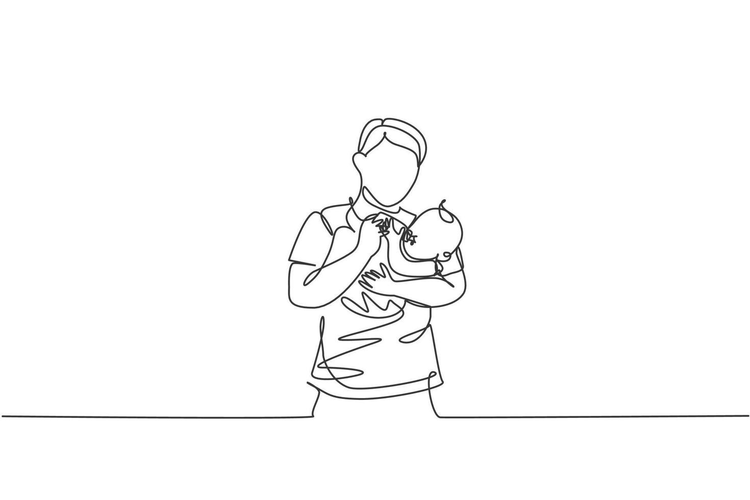 un seul dessin au trait du jeune père portant et nourrissant son bébé avec des aliments nutritifs à la maison illustration vectorielle graphique. concept d'apprentissage parental heureux. conception de dessin de ligne continue moderne vecteur