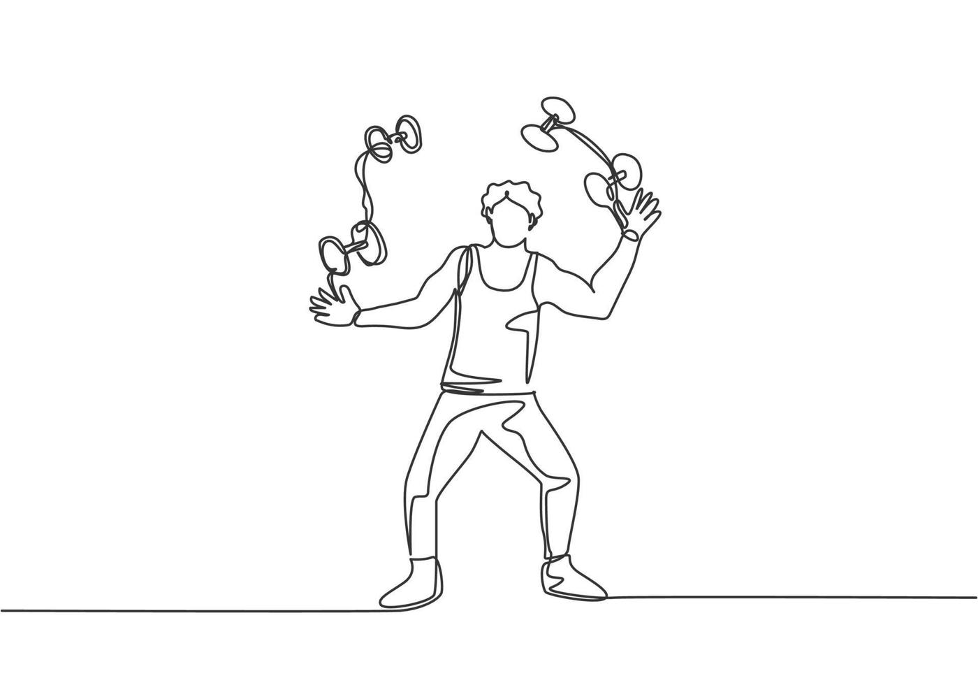 une seule ligne dessinant un acrobate jonglant avec de petits haltères. ce jeu demande de la dextérité, de la concentration et une pratique constante. ligne continue moderne dessiner illustration vectorielle graphique de conception. vecteur