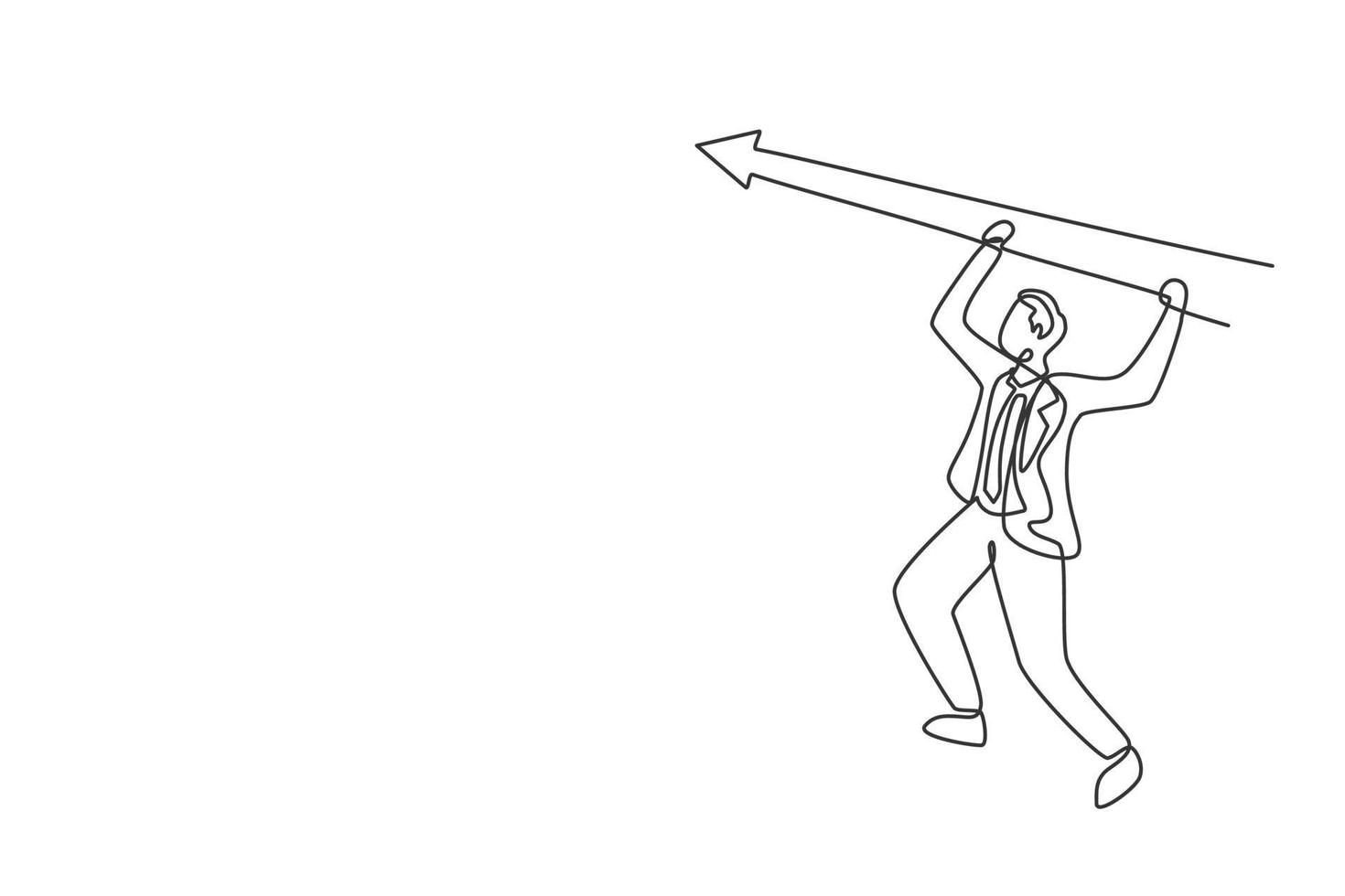 dessin au trait continu unique d'un jeune homme d'affaires accroché à une flèche vers le haut pour atteindre l'objectif cible. concept de métaphore d'entreprise. dessin dynamique d'une ligne de minimalisme. illustration vectorielle de conception graphique vecteur