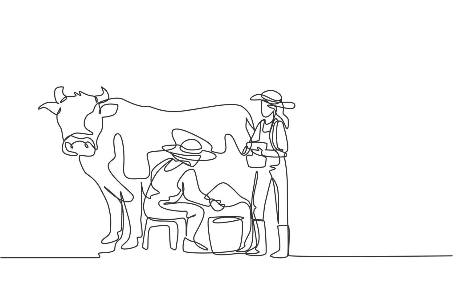 dessin continu d'un couple heureux fermier traire une vache de manière traditionnelle ensemble. un concept de minimalisme d'activité de récolte réussi. illustration graphique de vecteur de conception de dessin à une seule ligne.