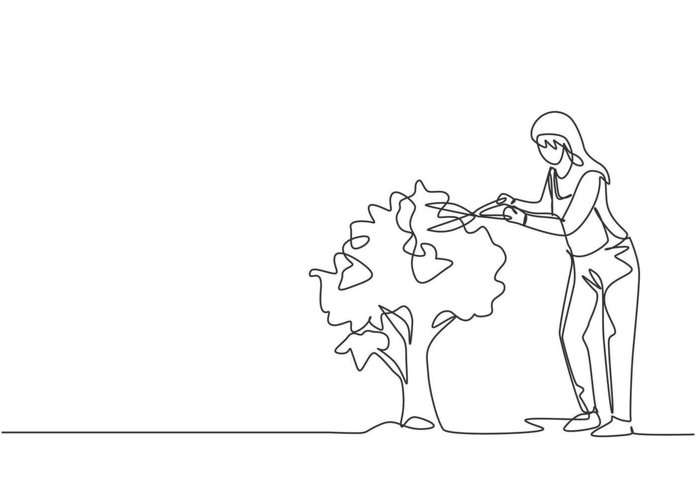 dessin continu d'une ligne une jeune agricultrice a coupé les feuilles de l'arbre à l'aide de ciseaux à plantes. concept minimaliste de défi agricole. illustration graphique de vecteur de conception de dessin à une seule ligne.