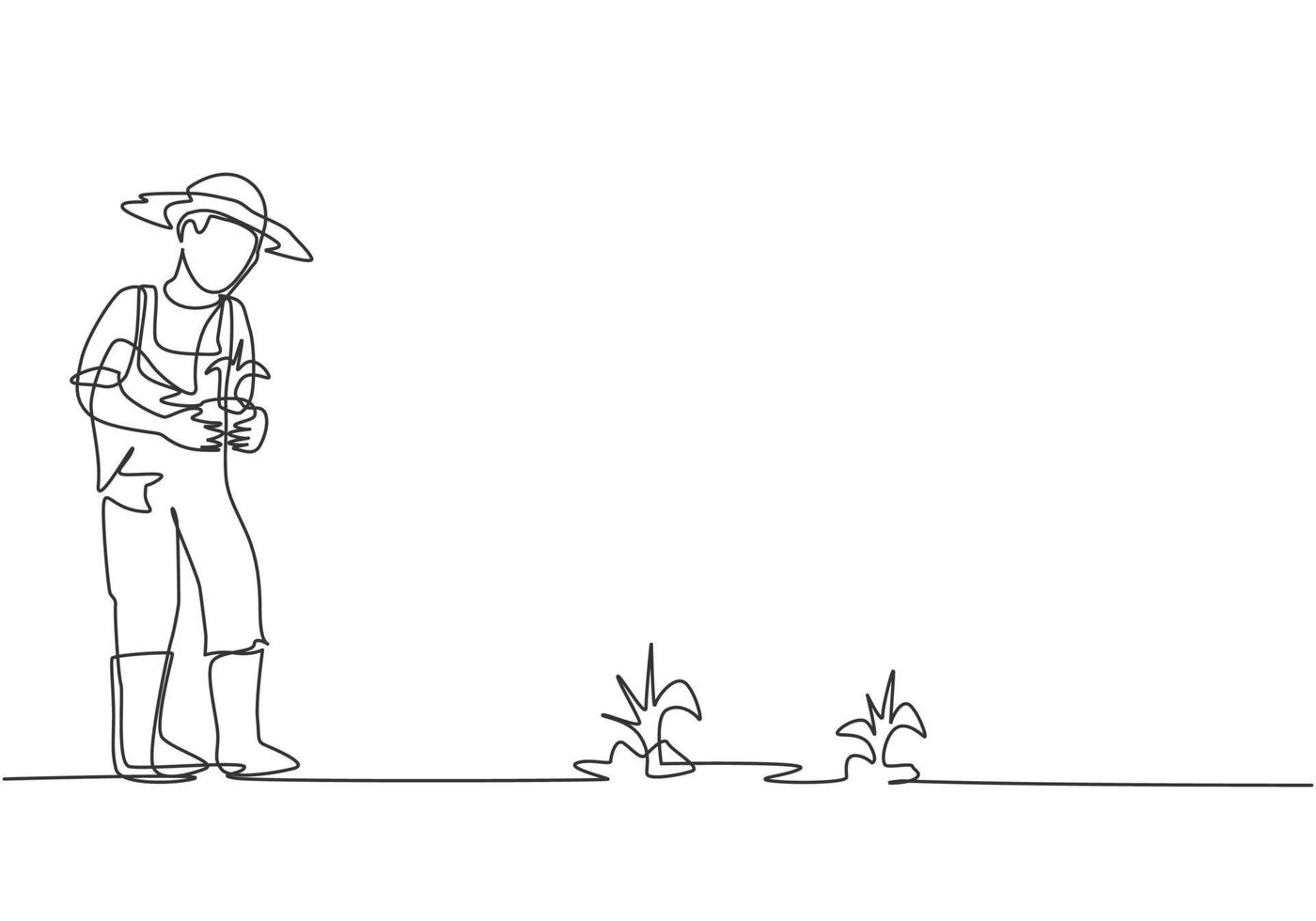 dessin d'une seule ligne d'un jeune agriculteur apporte des cultures à planter dans les champs de la ferme. concept minimaliste d'activités de défi agricole. ligne continue moderne dessiner illustration vectorielle graphique de conception. vecteur