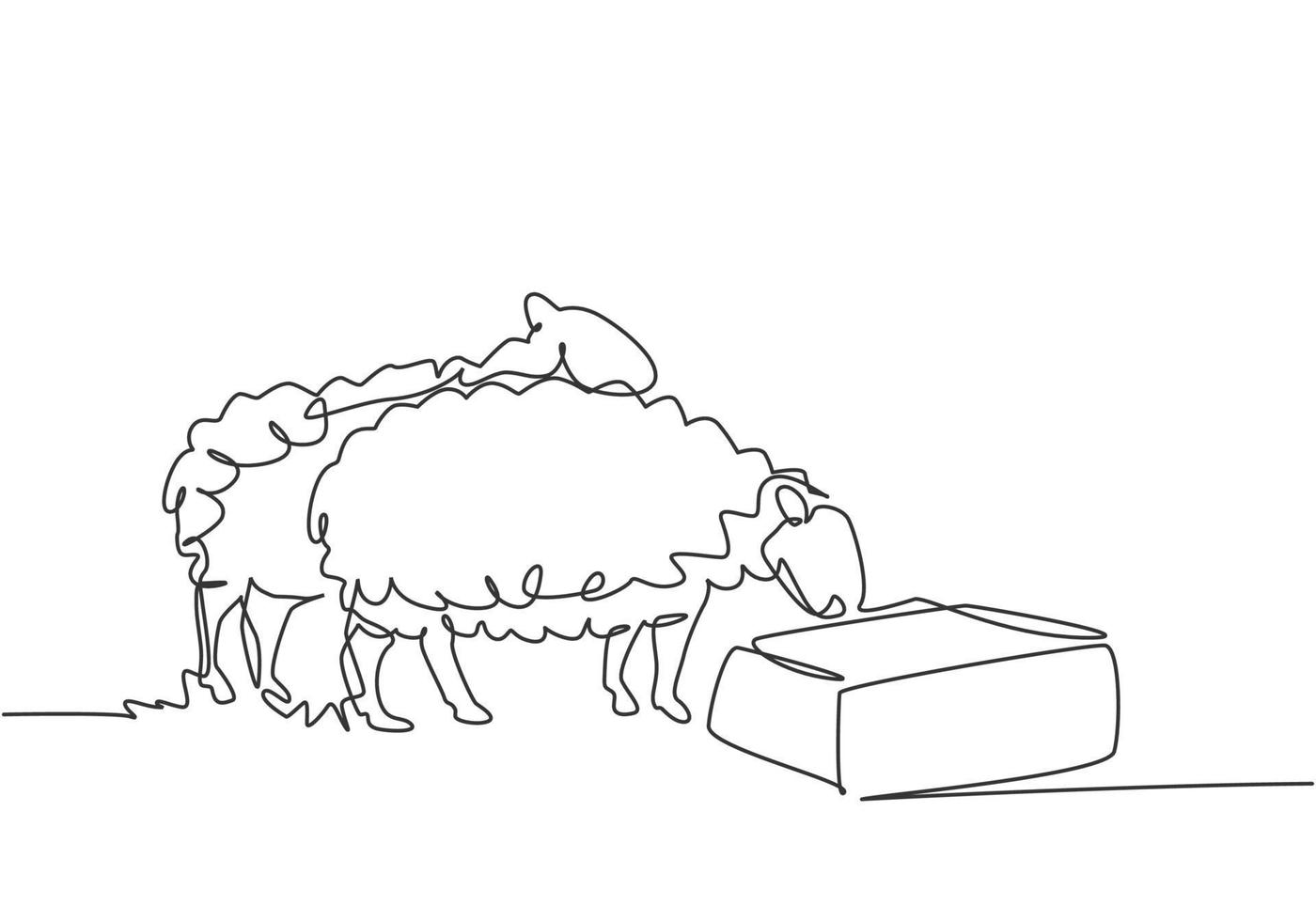un seul dessin d'une seule ligne des moutons est nourri pour être en bonne santé et produire le meilleur lait et la meilleure viande. concept minimal de défi agricole. ligne continue moderne dessiner illustration vectorielle graphique de conception. vecteur
