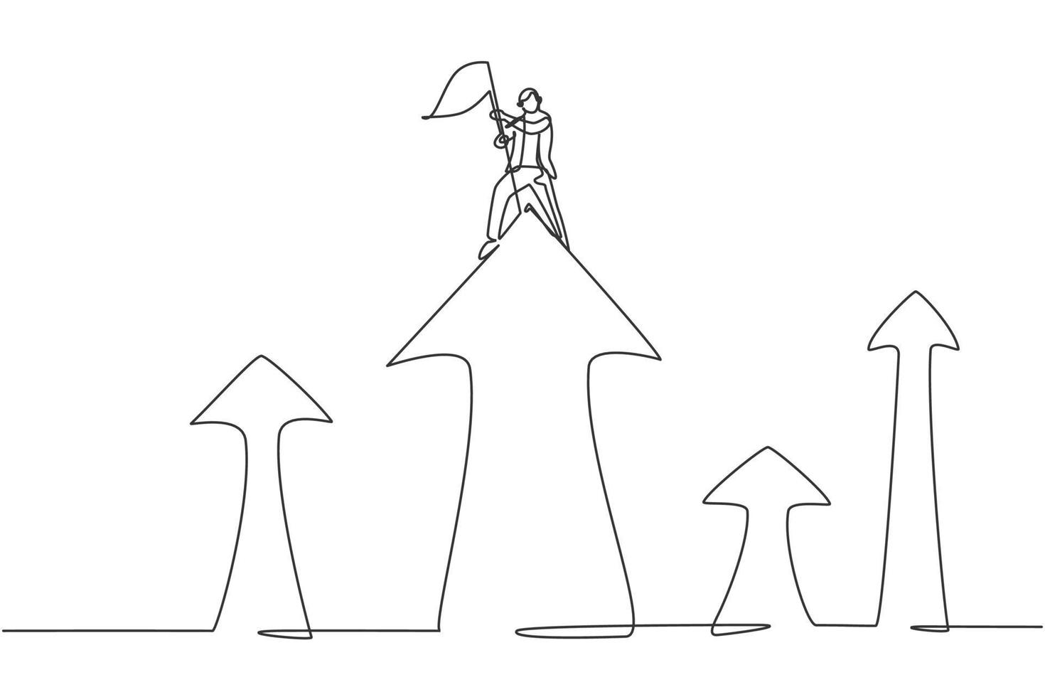 un seul dessin au trait jeune homme d'affaires travailleur acharné a planté un drapeau au-dessus du symbole des flèches vers le haut. concept minimal de croissance de la finance d'entreprise. illustration vectorielle graphique de conception de ligne continue moderne vecteur