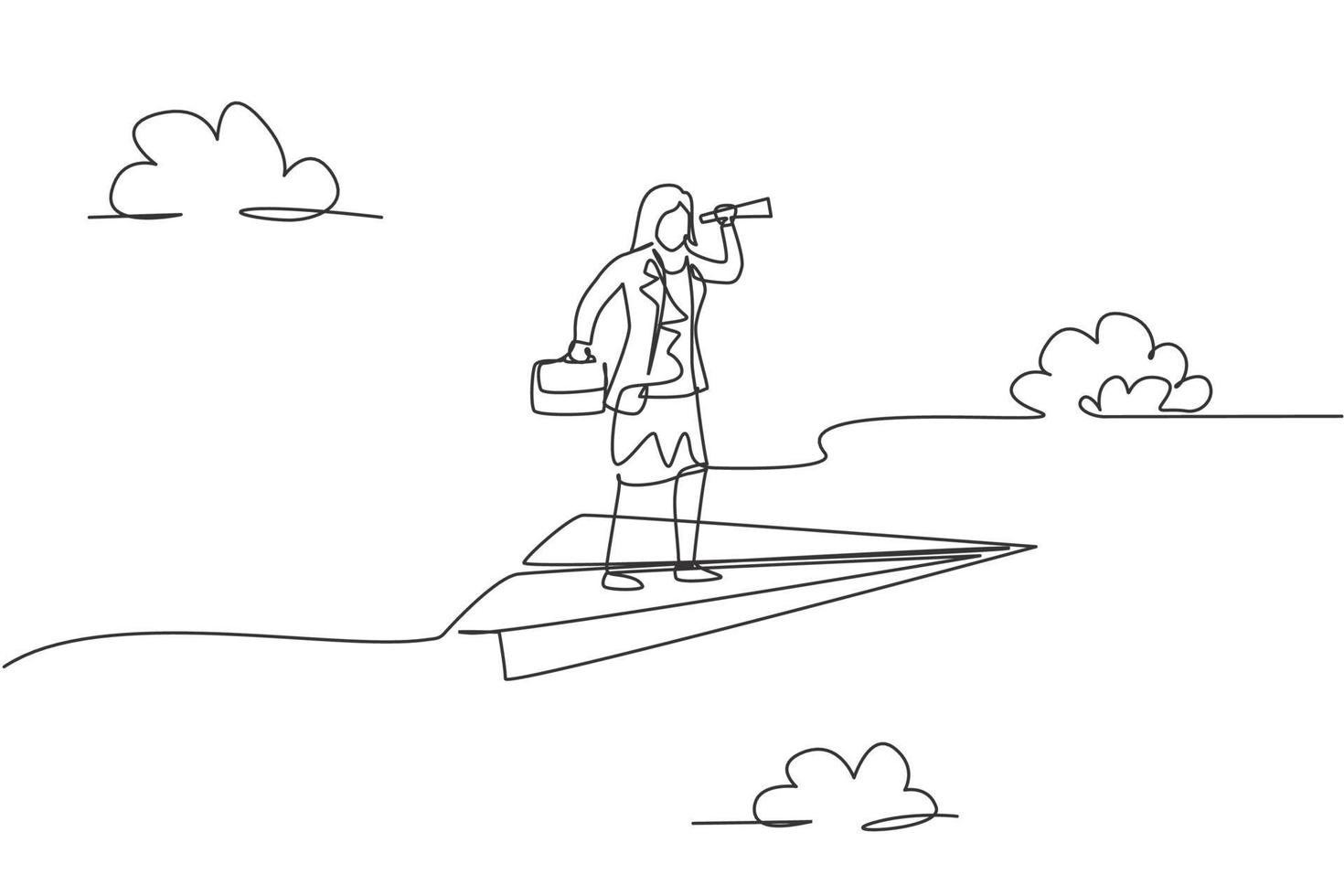 dessin d'une seule ligne d'une jeune femme d'affaires volant avec un avion en papier tout en analysant la situation du marché. objectif commercial. concept minimal de métaphore. ligne continue dessiner illustration vectorielle graphique de conception vecteur