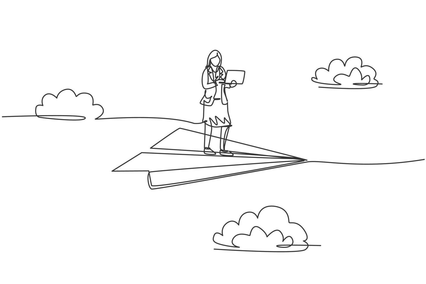 dessin continu d'une ligne jeune travailleuse tenant un ordinateur portable tout en volant avec un avion en papier. chef d'entreprise de succès. concept minimaliste de métaphore. illustration graphique de vecteur de conception de dessin à une seule ligne